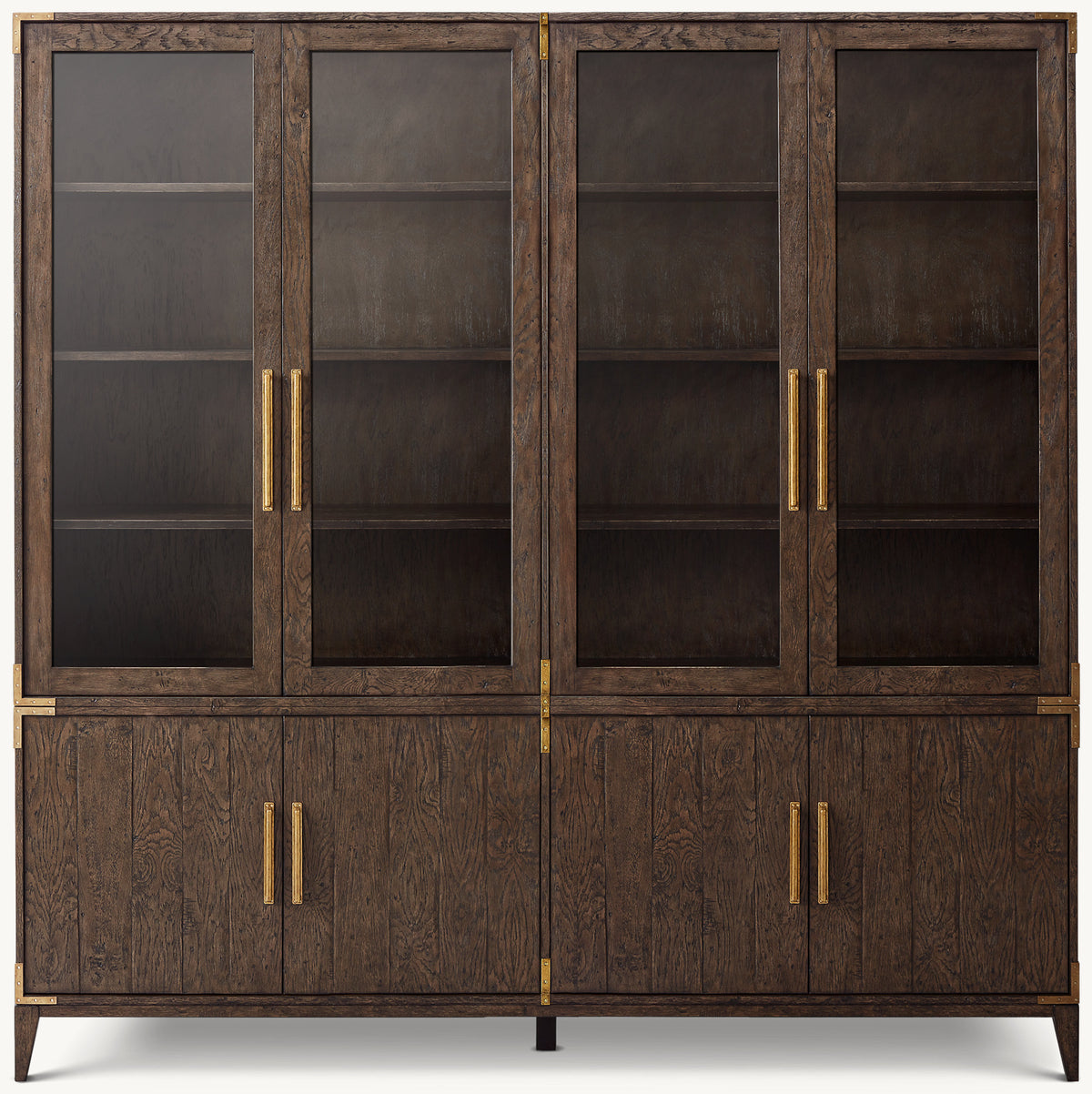 Cayden Campaign Glass 4-Door Sideboard & Hutch – Waxed Brown Oak/Brass