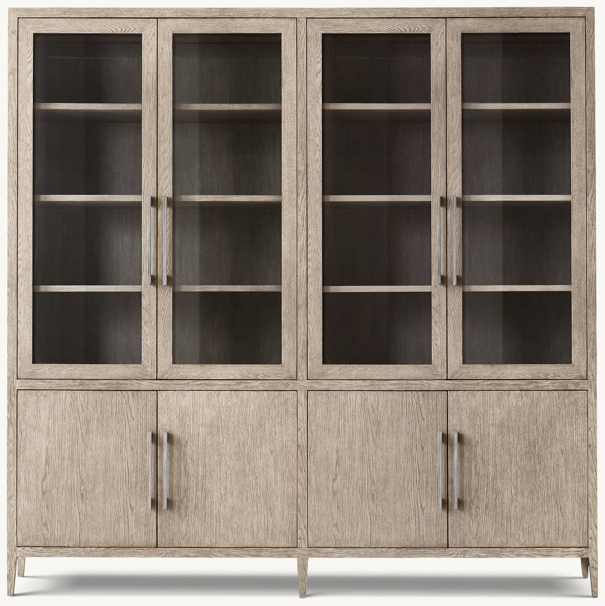 French Contemporary Glass 4-Door Sideboard & Hutch – Whitewashed Oak/Light Pewter