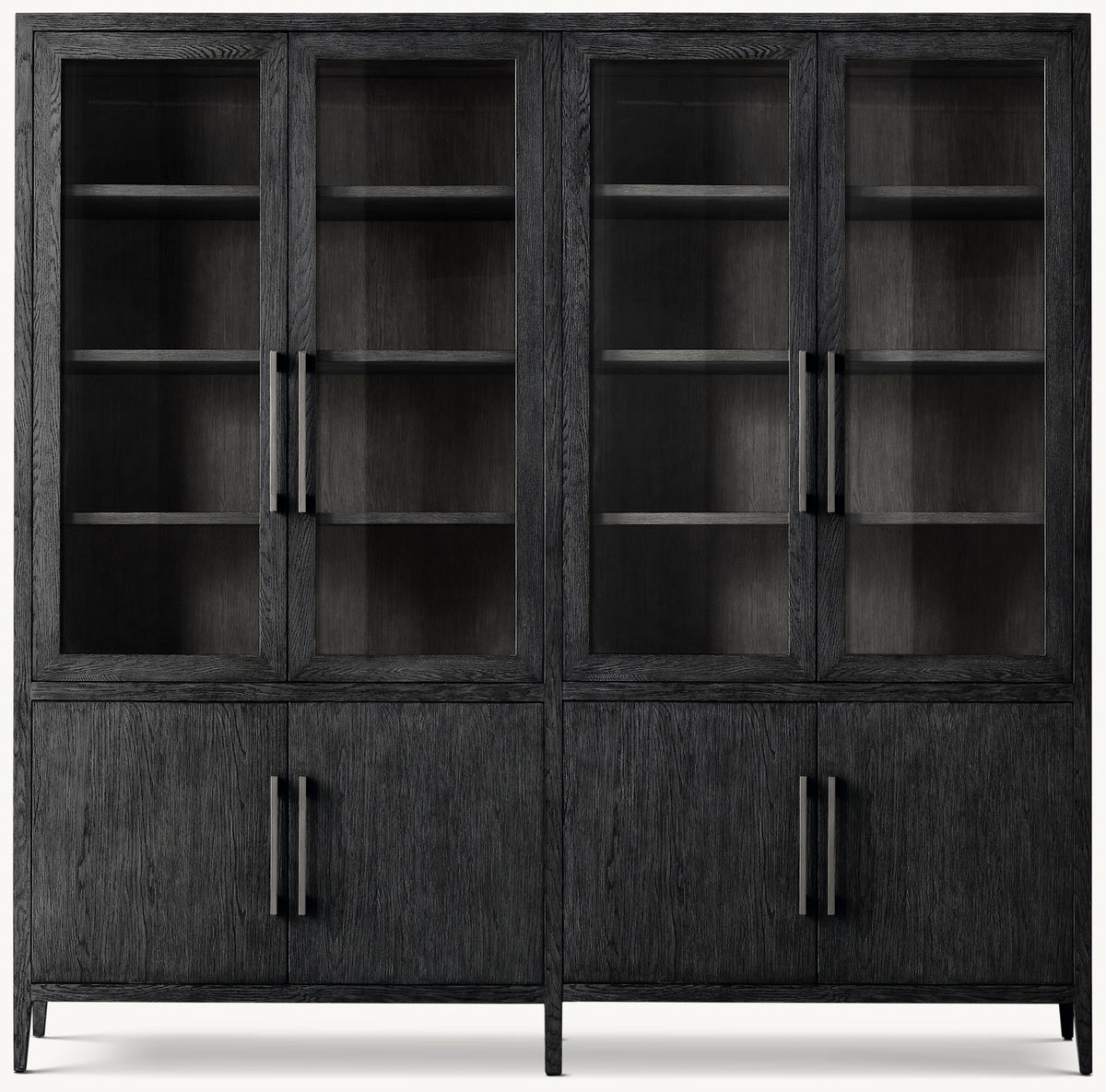 French Contemporary Glass 4-Door Sideboard & Hutch – Black Oak/Satin Bronze