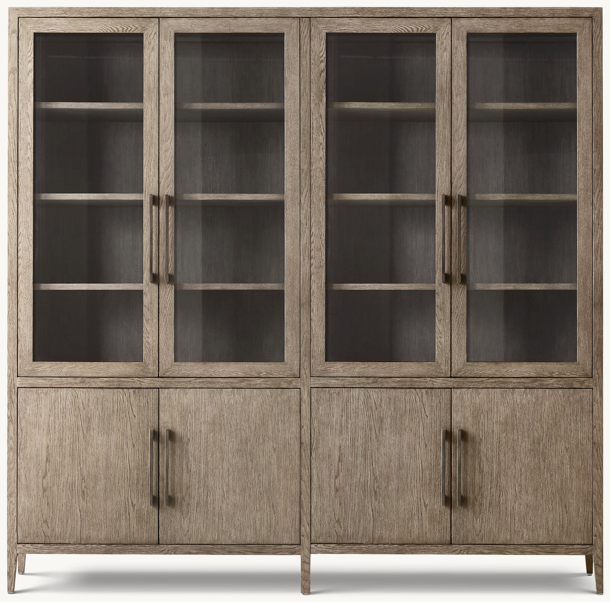 French Contemporary Glass 4-Door Sideboard & Hutch – Grey Oak/Satin Pewter