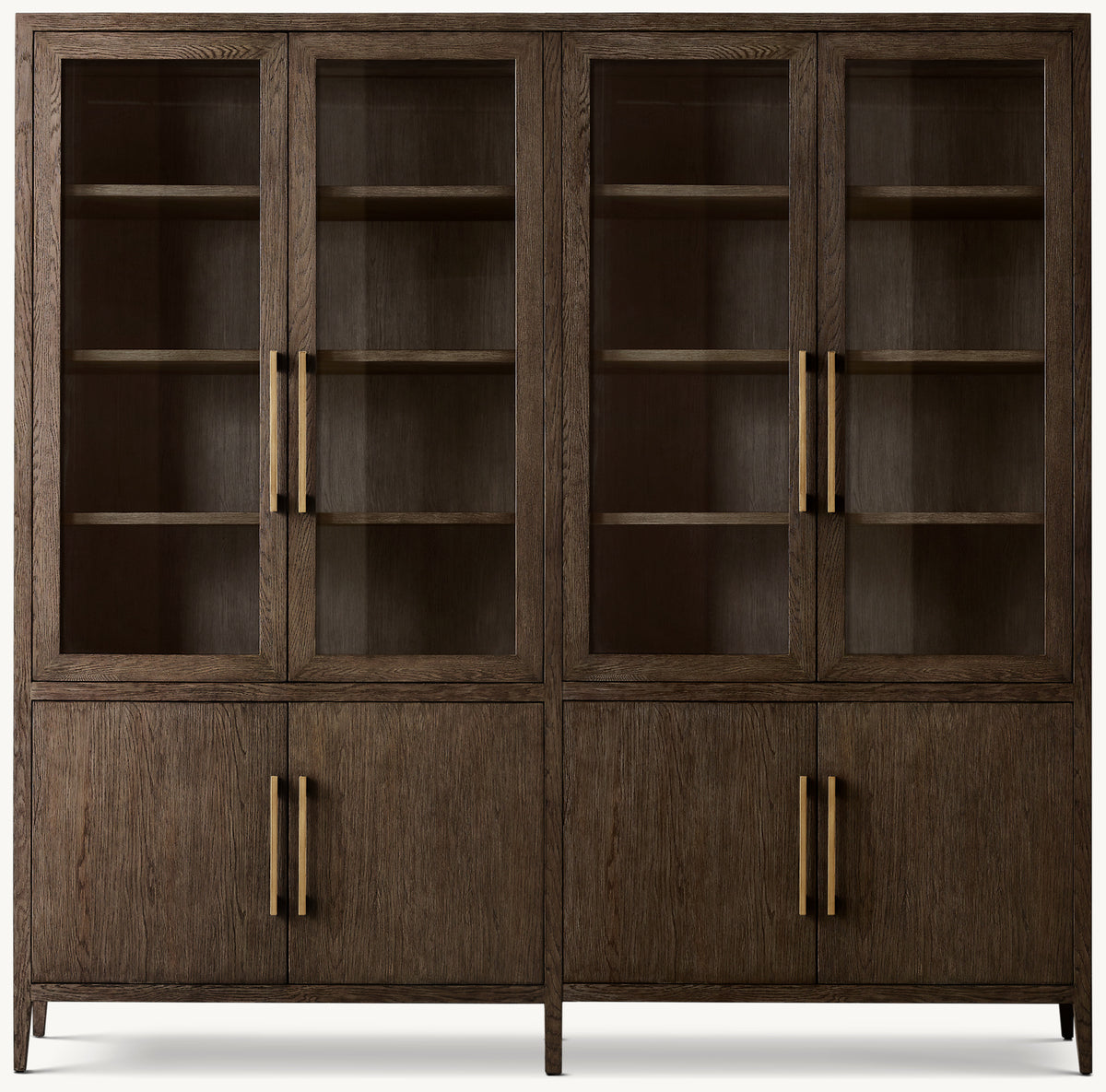 French Contemporary Glass 4-Door Sideboard & Hutch – Brown Oak/Satin Brass