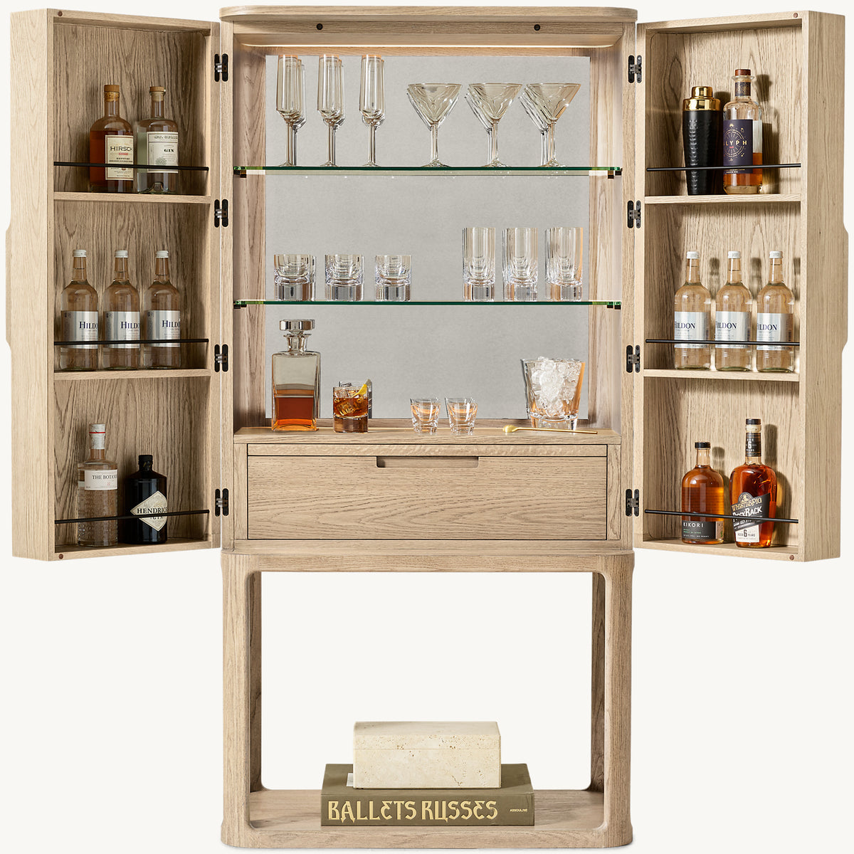 Trieste Bar Cabinet – doors open showing glass shelves and bottle storage