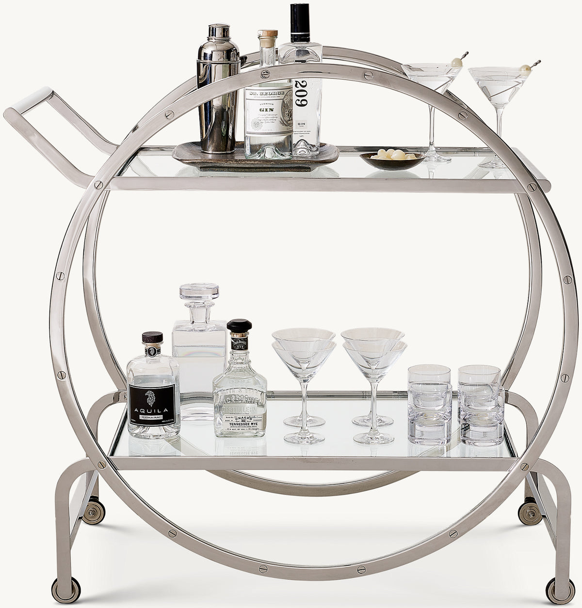 Bistro Bar Cart – Polished Stainless Steel finish, front view styled with bottles and glasses