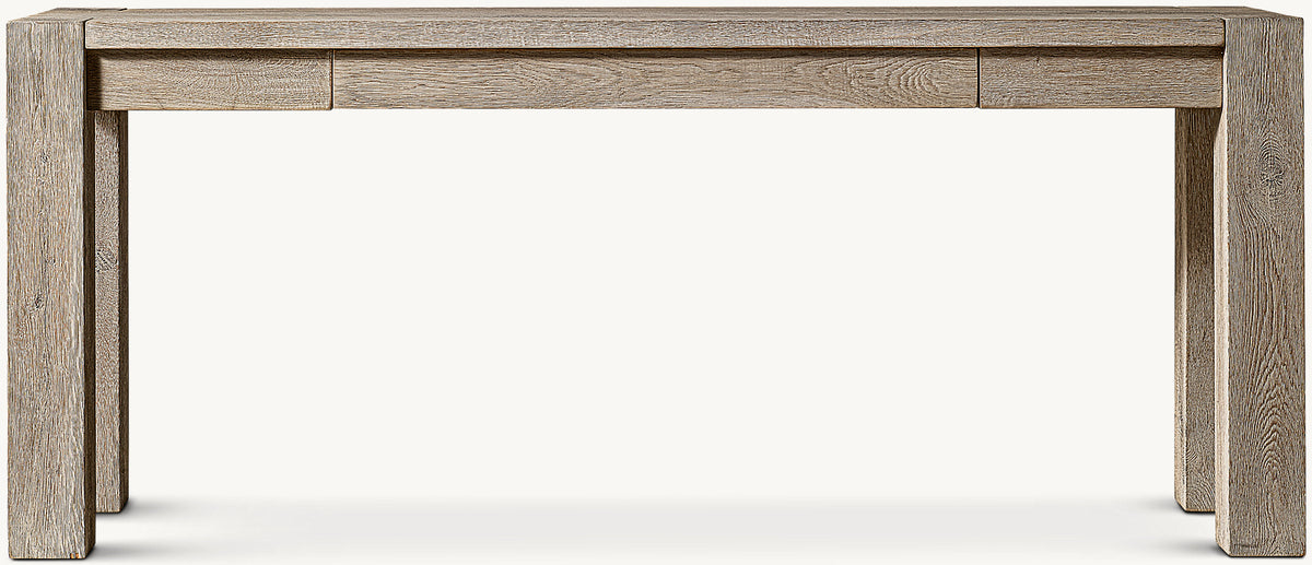 Drifted Reclaimed Oak Console Table With Drawers – front view with a drawer on a white background