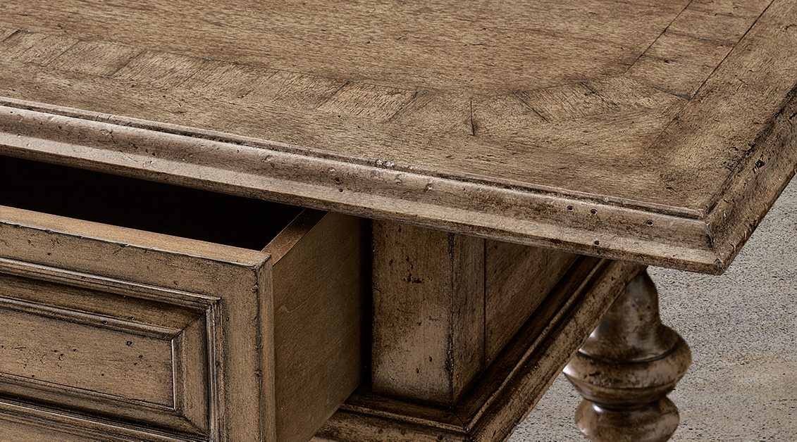 Paloma Console Table With Drawers – close-up of the marquetry-edged top with the drawer opened