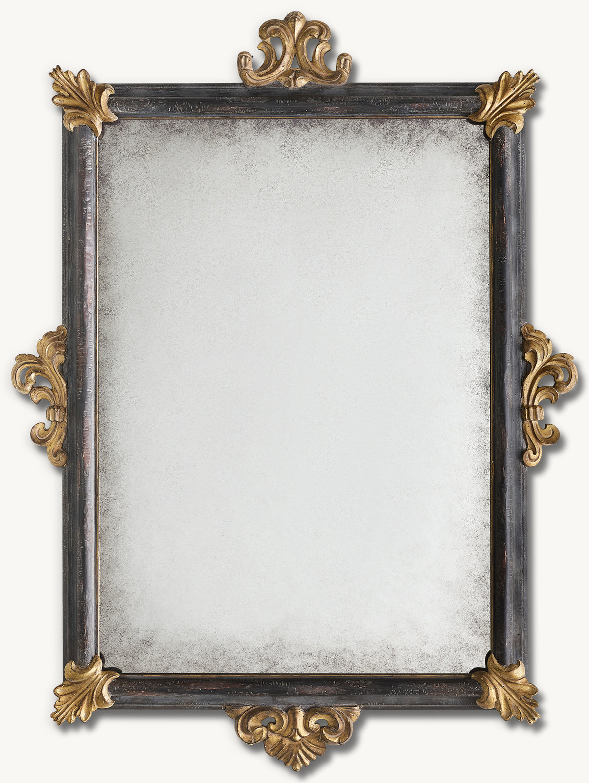 Florentine Mirror – front view of the mirror with an antiqued glass and gilded scroll corners