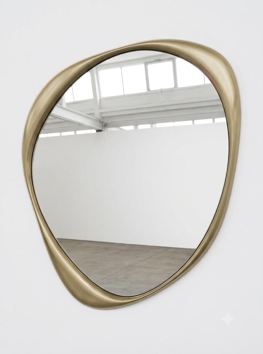 Selene irregular wall mirror with brass metallic lacquer frame, The Rheia Collection by North Kaiser