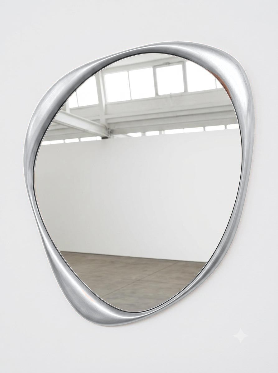 Selene irregular wall mirror with silver metallic lacquer frame, The Rheia Collection by North Kaiser