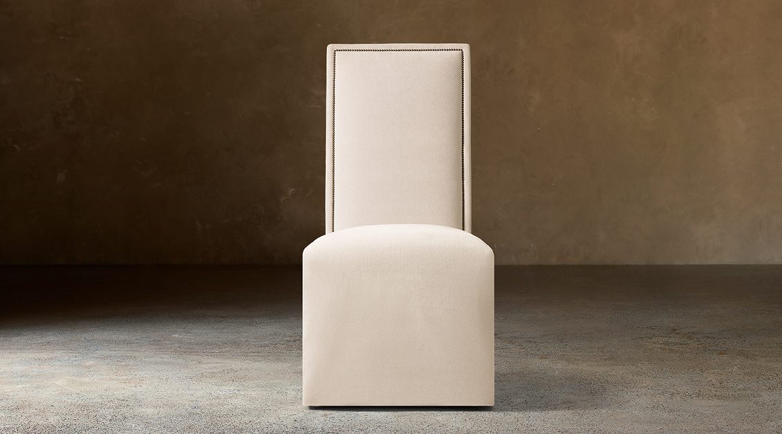 Alexandria Fabric Dining Side Chair With Nailheads – front view in natural-toned upholstery
