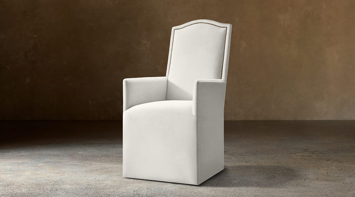 Alexandria Camelback Fabric Dining Armchair With Nailheads — Casters / Two-tone Linen (Natural)