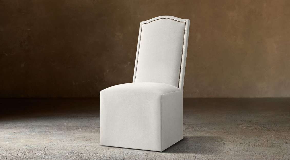 Alexandria Camelback Fabric Dining Side Chair With Nailheads — Casters / Two-tone Linen (Natural)