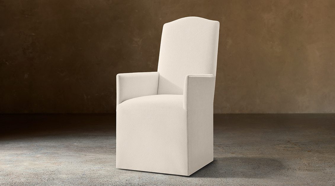 Alexandria Camelback Fabric Dining Armchair — Casters / Boucle Linen (Natural)