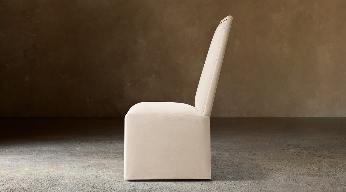 Alexandria Fabric Dining Side Chair With Nailheads – side view in natural-toned upholstery