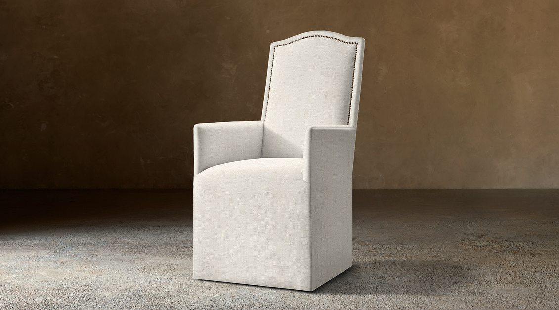 Alexandria Camelback Fabric Dining Armchair With Nailheads — Casters / Chenille (Natural)