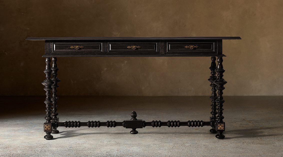 Paloma Console Table With Drawers – front view with three drawers and turned legs in a dark finish