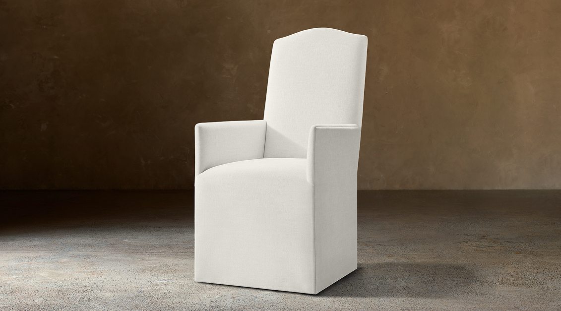 Alexandria Camelback Fabric Dining Armchair — Casters / Two-tone Linen (Natural)