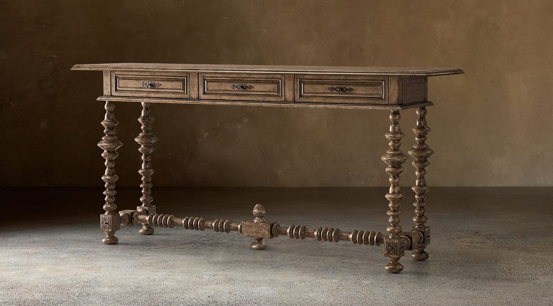 Paloma Console Table With Drawers – front view with three drawers, turned legs and a stretcher in a light finish