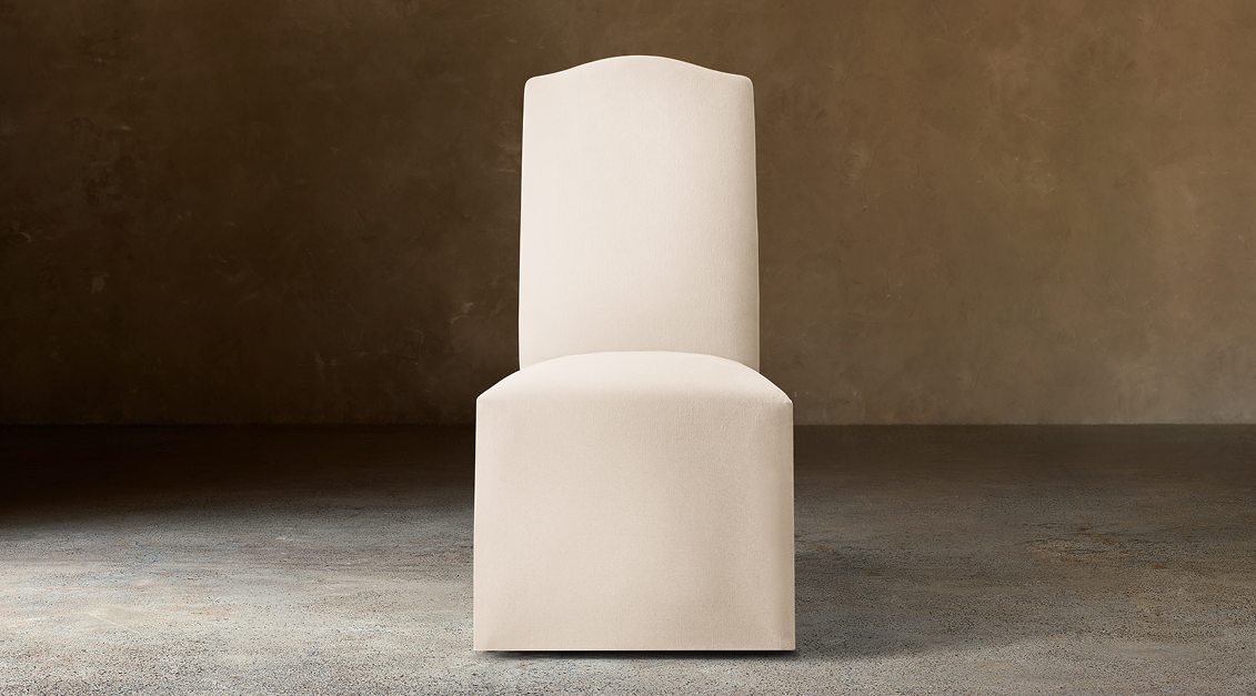 Alexandria Camelback Fabric Dining Side Chair – front view in natural-toned upholstery