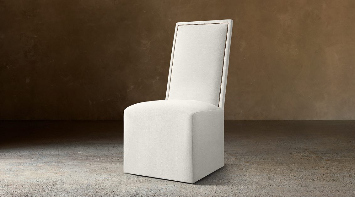 Alexandria Fabric Dining Side Chair With Nailheads — Casters / Two-tone Linen (Natural)