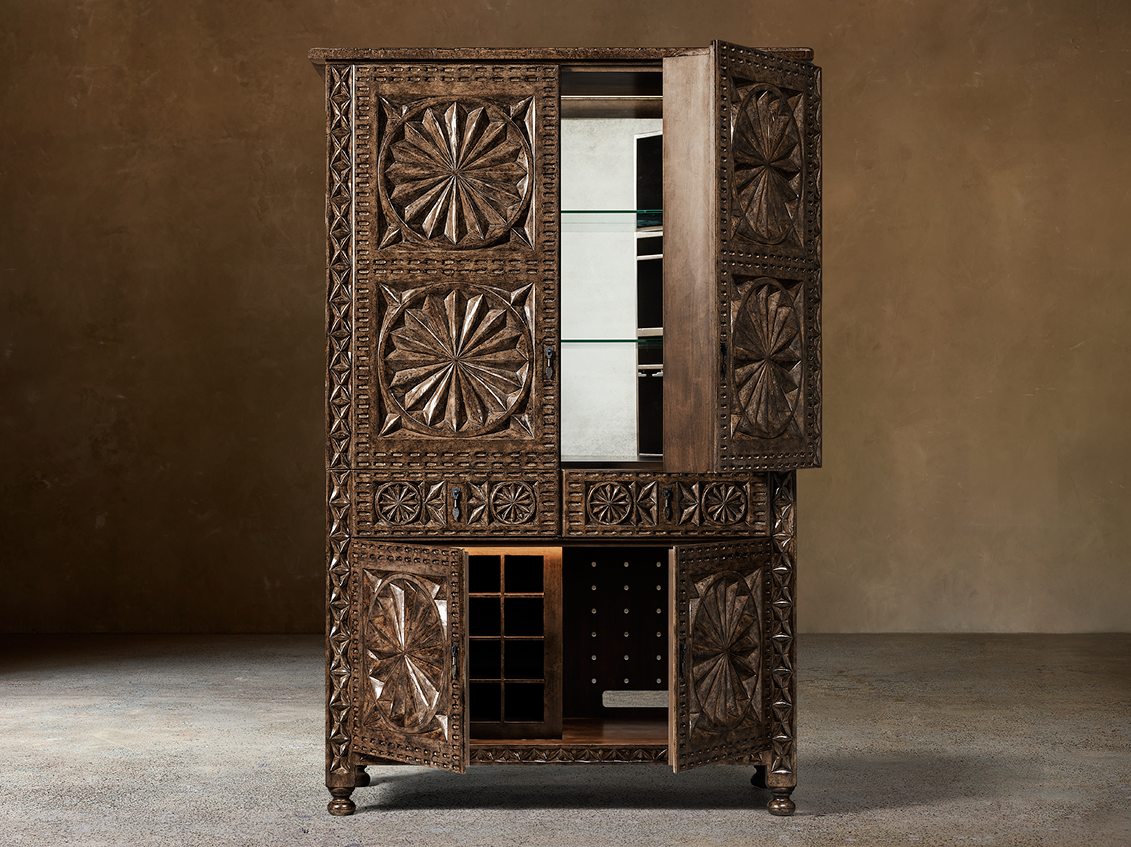 Valencia Bar Cabinet – one door open showing glass shelves and wine storage