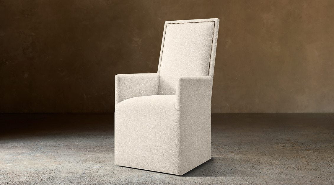 Alexandria Fabric Dining Armchair With Nailheads — Casters / Boucle Linen (Natural)