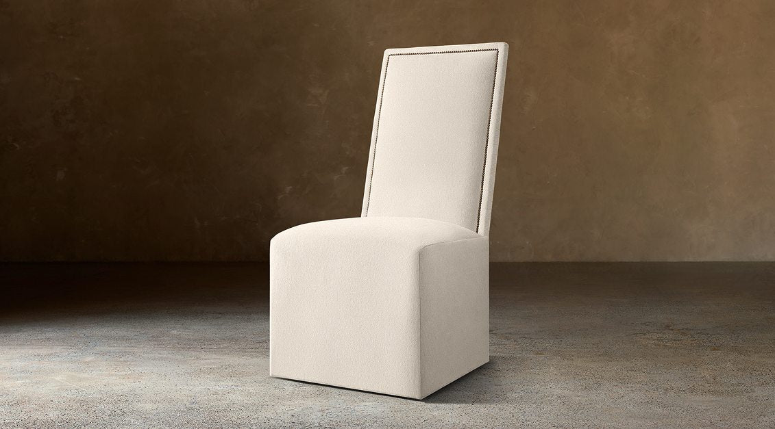 Alexandria Fabric Dining Side Chair With Nailheads — Casters / Boucle Linen (Natural)