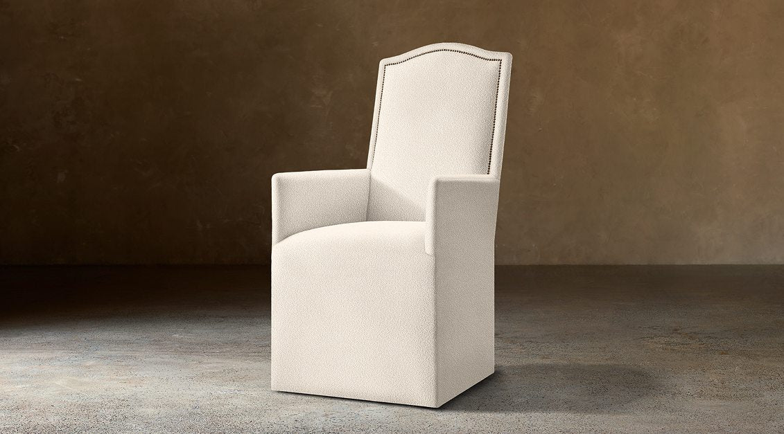 Alexandria Camelback Fabric Dining Armchair With Nailheads — No Casters / Boucle Linen (Natural)