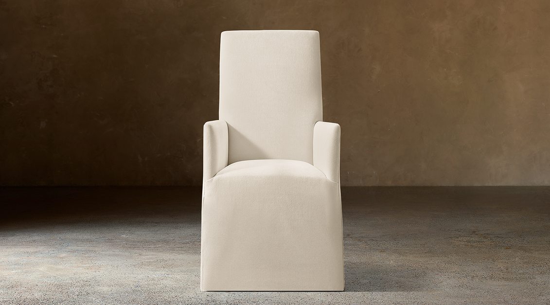 Alexandria Fabric Dining Armchair – front view in natural-toned upholstery