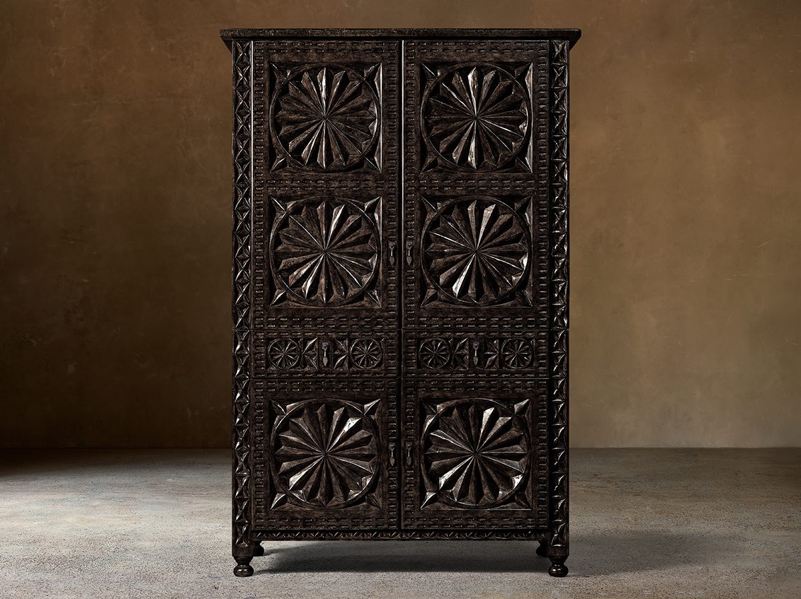 Valencia Bar Cabinet – front view of the carved doors in a dark finish