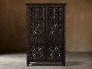 Valencia Bar Cabinet – front view of the carved doors in a dark finish