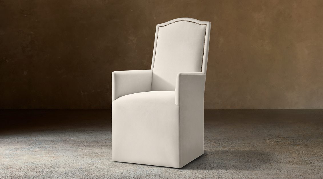 Alexandria Camelback Fabric Dining Armchair With Nailheads — Casters / Velvet (Natural)