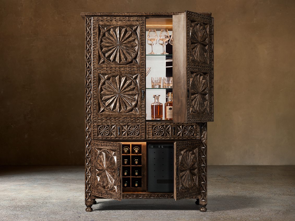 Valencia Bar Cabinet – doors open showing a wine rack and a refrigerator compartment
